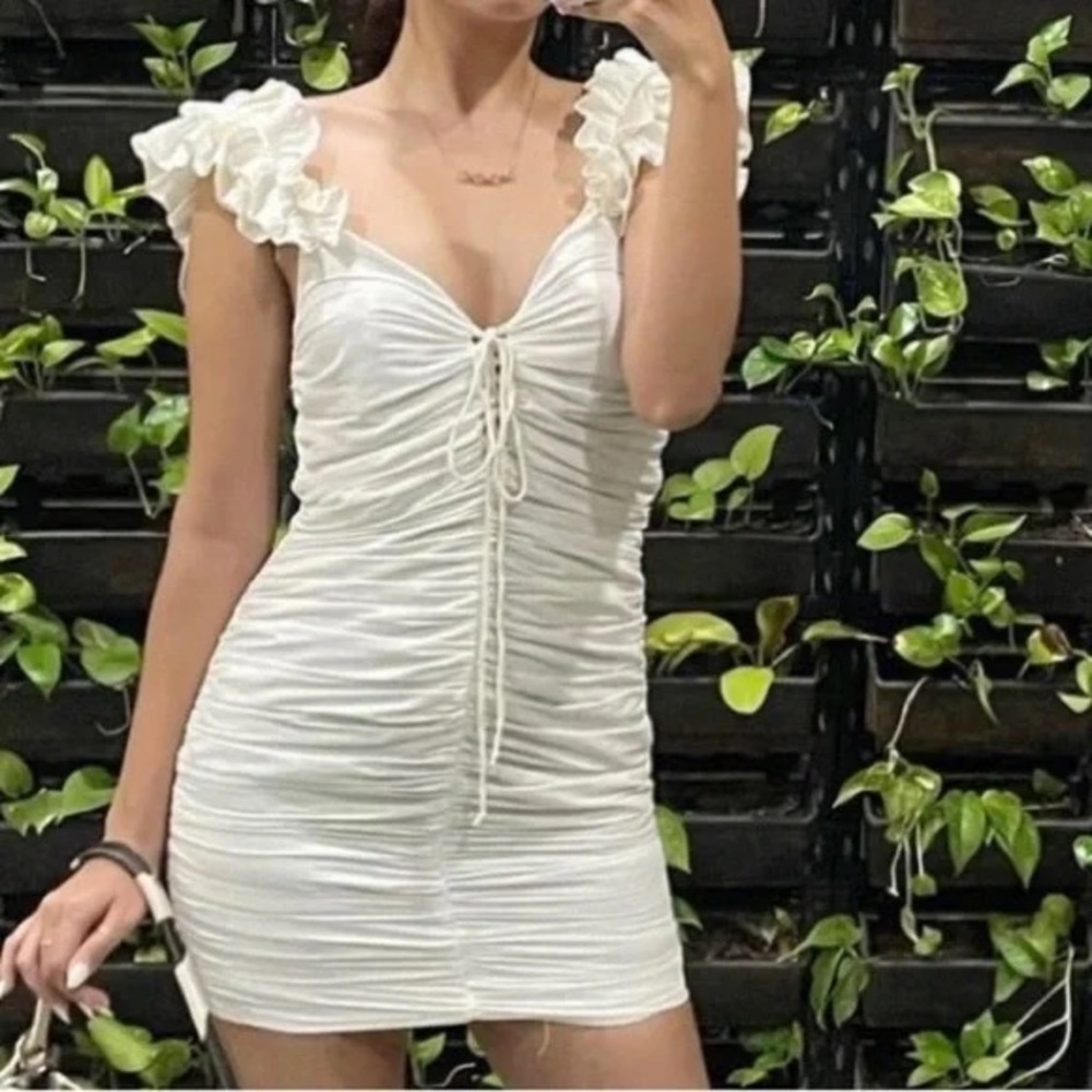 Zara Cream Draped Linen Blend Mini Dress Ruffle Ruched Bride To Be Medium